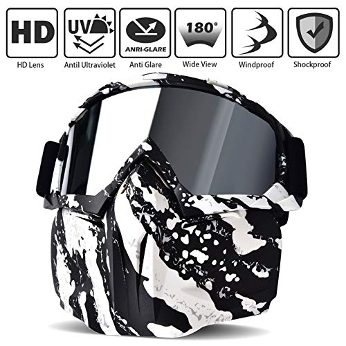 BOLLFO Motorcycle Goggle Mask,Protective Glasses with Detachable Mask for Cycling,Skiing,Paintball,Riding,Snowmobile,Halloween Adjustable Windproof Outdoor Anti-Fog Face Mask (White & Black Frame)