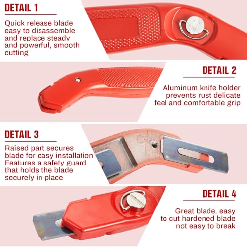 Image of Lasnten 4 Pieces 12 Blades Utility Carpet Knife Cutting Heavy Duty Carpet Knife Cutter Tools with Blades Razor Blade Knives with Protective Cap for Box Cutter Roofing Purpose, Aluminum (Red)