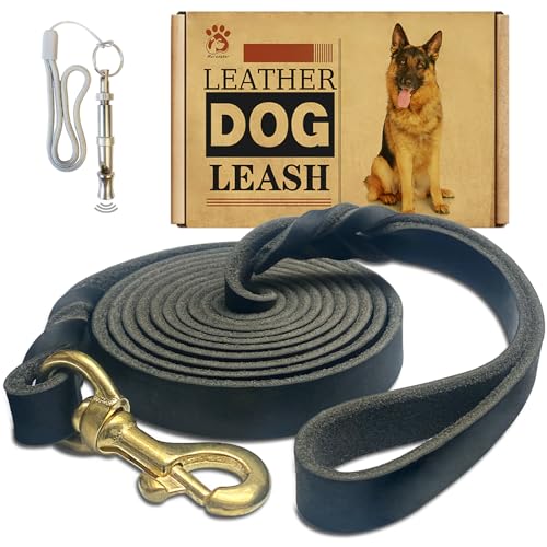 Image of Leather Dog Leash 8ft x 3 /4 inch,Strong Heavy Duty Genuine Leather Braided Dog Training Leash, Soft and Comfortable for Large Dogs, Medium Small Dogs (Black, 8FT*3 /4in)