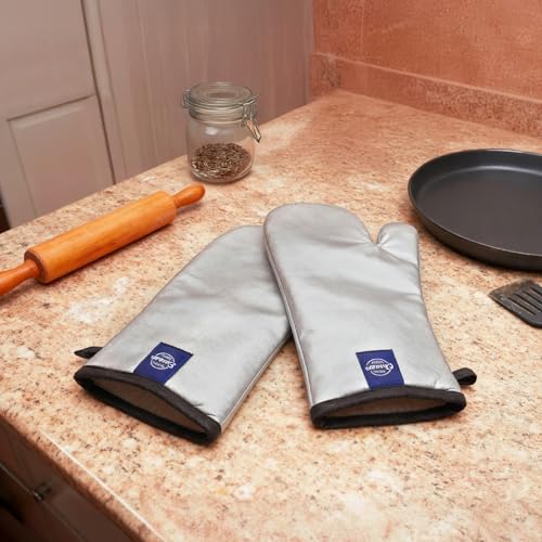 Image of Encasa XO Extra Long 18x30 cm Oven Microwave Gloves Mitts (2 pcs) for Kitchen Cooking - Silicon Silver Heat Resistant - Thick & Safe, Protection of Hands from Hot Utensils, Gas Flame, Grill, Barbecue