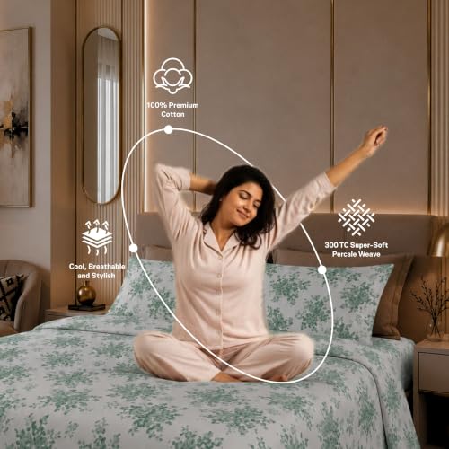 Image of Jaipur Weaves Cotton Percale King Size Bedsheet 108x108 Super King, 100% Pure Cotton Bed Sheet with 2 Pillow Covers, 300 TC Soft Breathable Floral Design Bedding (Green Meadows, Super King)