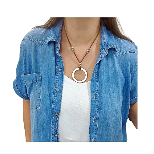 Ring Circle Necklace for Women, Leather Necklace, Pendant Necklace,20â long Statement Necklace, Lariat Necklace, Silver Circles Necklace, Boho Jewelry BALOOLA (Brown)