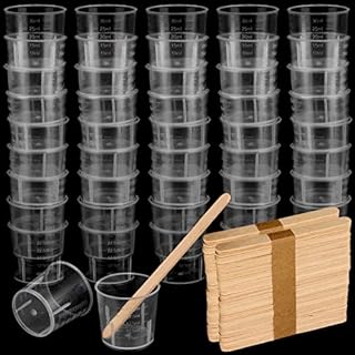 SINJEUN 100 Pack 30ml Clear Plastic Mixing Cups Measuring Cups with 100 Wooden Stirring Sticks, Reusable Measuring Cups Graduated Cups Plastic Mixing Kit for Mixing Paint, Epoxy Resin, Stain