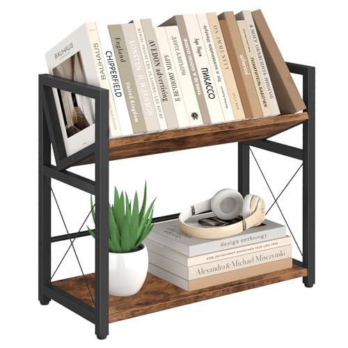 ELITEROO Desktop Bookshelf 2 Tier Desk Shelf Organizer Wooden Tabletop Bookcase Small Desk Top Book Rack for Office Home Bedroom Small Space Storage and Display Rustic Brown