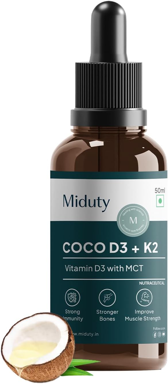 Miduty Coco D3 + K2 – Vitamin D3 Oral Solution 600 IU – Cholecalciferol Vitamin D3 Drops with MK-7 – Support Strong Bones, Muscles & Joints - More Calcium Absorption – Calcium supplement for Women & men – 50 ml