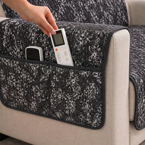 Image of STITCHNEST 'Opulence Series' Floral Woven Sofa Cover for 3 Seater | Premium Soft Fabric Sofa Protector | Black Floral Pattern with Armrest Pockets | Durable Living Room Furniture Cover
