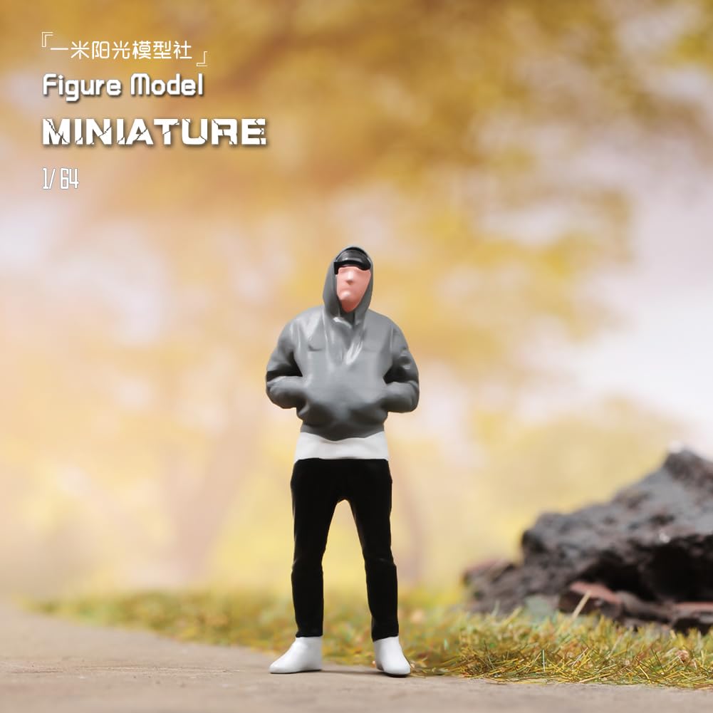 Fremego Miniature Figures Model,1/64 Scale Fashion Girl Fitness Girl Tiny People Figurine Simulation Diorama Male Female Figure Scene Props for Decoration Car Vehicle (Grey Hoodie Man)