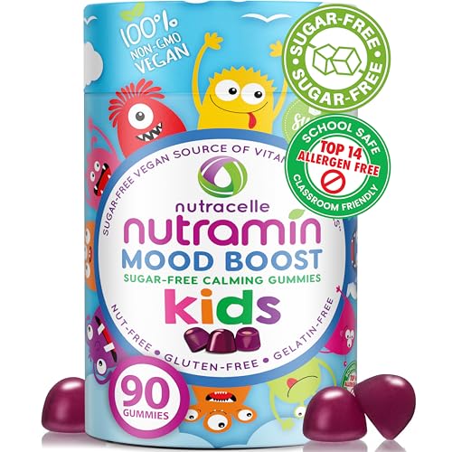 NUTRAMIN Kids Mood Boost Vegan Vitamin Gummy: Calming Magnesium Citrate Supplement for Children with Ashwagandha & Vitamin B Complex to Relax & Focus - Sugar-Free, Allergy-Safe, Non-GMO 90 ct