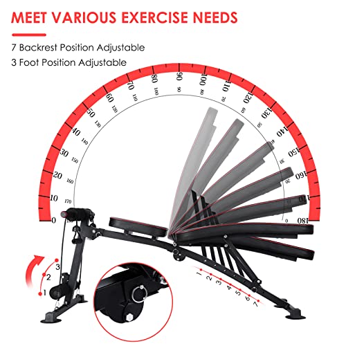 Increkid Adjustable Weight Bench, Multi-Function Folding Exercise Bench, Home Gym Bench Press Dumbbells Bench, Strength Training Bench for Full-Body Workout, w/Resistance Ropes, Black, 700lbs Capacity