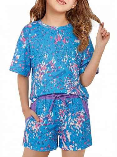 Image of Haloumoning Girls Summer 2 Piece Outfits Kids Oversized T Shirts and Shorts Clothing Sets 5-14 Years