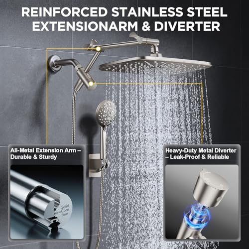 Image of Veken 11.8 inch Rain Shower Head with Handheld, High Pressure Handheld Shower with Multi Spray Modes, Rainfall Combo with Metal Extension Arm, Detachable Dual Showerhead, Bathroom Decor, Starlight
