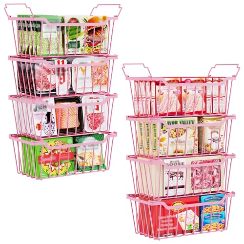 Image of SUNALLY Freezer Organizer Bins, 8 Pack Stackable Chest Freezer Organizer for 5-7 Cu.FT Deep Freezer Sort Frozen Meats and Food, Freezer Storage Baskets with Handles Easy Reach from Bottom, Pink