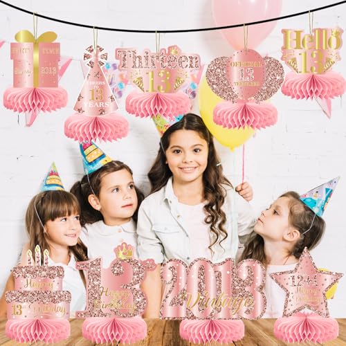 Image of 9Pcs 13th Birthday Decorations Rose Gold 13th Birthday Party Decorations for Girls,Pink Happy 13 Years Honeycomb Centerpieces Table Sign Decor Supplies