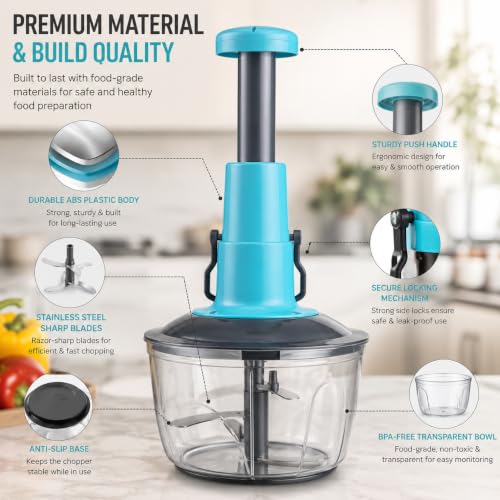 Image of Manual Push Food Chopper 600ml Vegetable Cutter with Stainless Steel Blades, BPA-Free Bowl, Hand Press Onion Chopper, Garlic Mincer, Fruit & Vegetable Dicer, Kitchen Food Processor