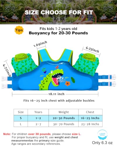 AEOCOO Puddle Float Jumper 20-30 Pounds, Toddler Swim Vest for 18Months-2Years Old, Pool Floats with Swimming Arm Floaties Swim Jacket with Water Wings for Kids Swimmies, Boys, Girls, Niños, Dinosaur