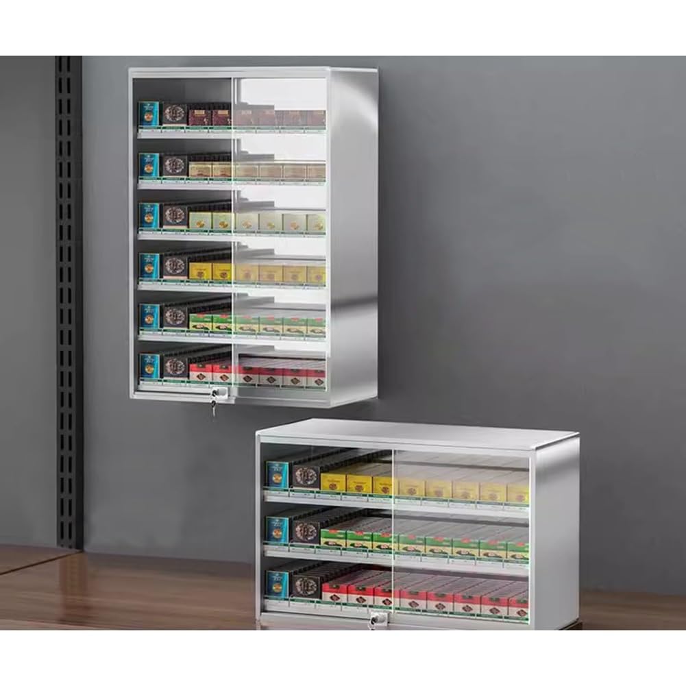 Rygcrud Aluminium Zigaretten-Vitrine, Zigarettenschrank - Tür Aus Gehärtetem Glas Mit Schlossschlüssel, Wandmontiert Zigarettenregal-Vitrine, Einzelhandels-Vitrine(62.5x17.3x90cm)
