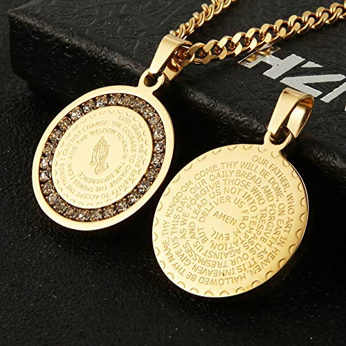 Hzman Bible Verse Prayer Necklace Christian Jewelry Gold Stainless Steel Praying Hands Coin Medal Pendant (Cz Gold) #TOP1