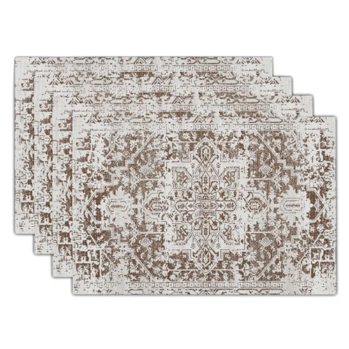 Image of Gray Brown Boho Placemats Set of 4 Ethnic Bohemian Carpet Place Mats Washable Kitchen Dining Vintage Grey Geography Floral Linen Table Mats Stain Heat-Resistant for Home Party Indoor 12x18 in