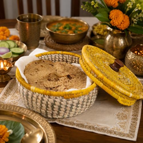 Image of Handmade Sabai Grass Box for Roti /paratha /Dry Fruits |Organiser, Storage Box | Container for Serving on Dining Table| Kitchen Decor Cum Utility| Size : 21L x 21W x 8H CM (Yellow)
