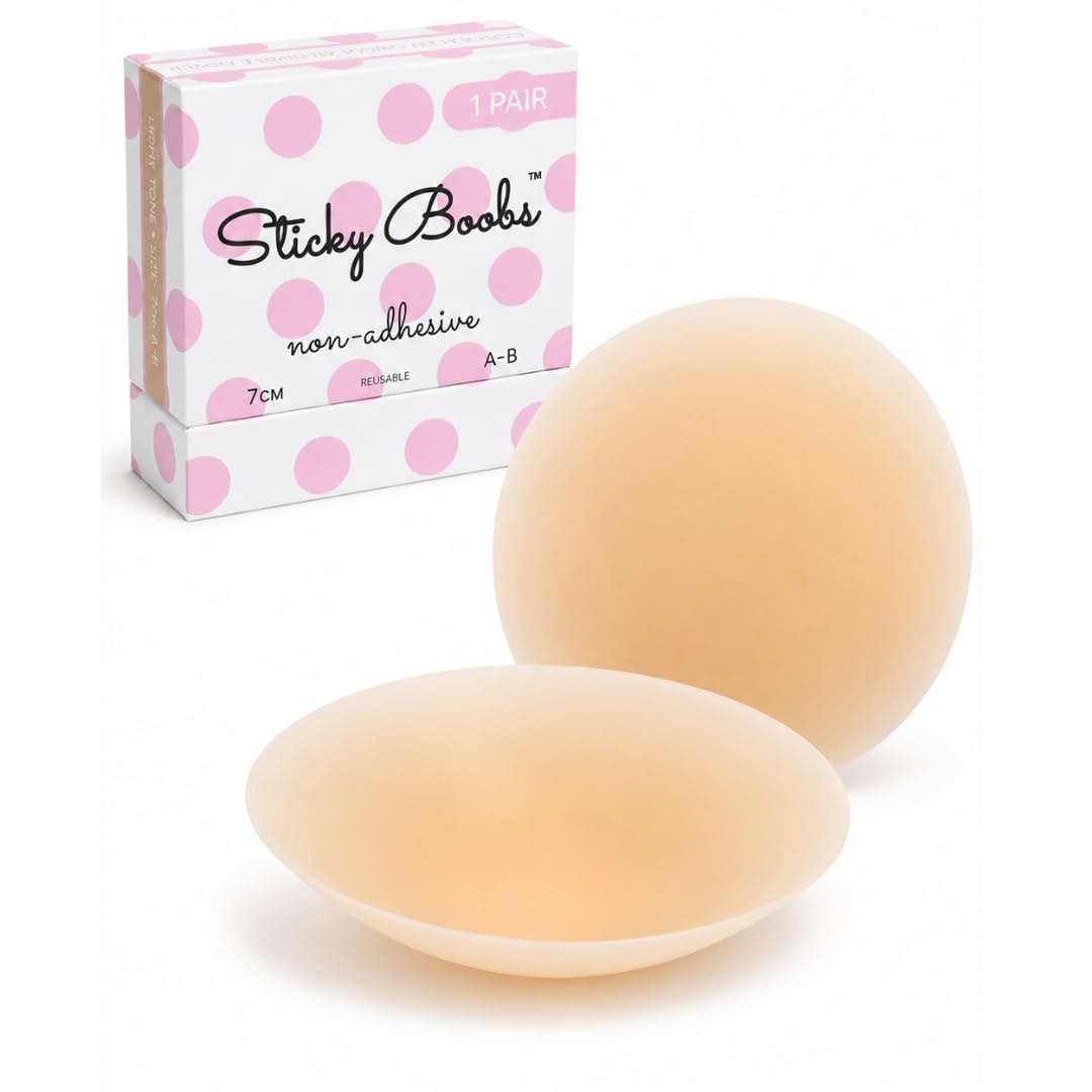 Sticky Boobs Non-Adhesive Nipple Covers for Women | Reusable Silicone Breast Petals | Invisible Coverage for Strapless Dresses | No Stick Comfort | Travel Box (Tan Color, Cup Size A-B, 7cm Diameter)