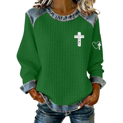 Sweat-shirt en denim patchwork femme avec col ras du cou et manches amples