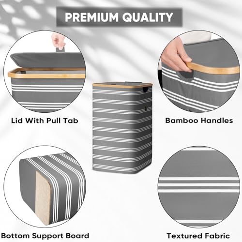 Image of BALEINE Laundry Hamper with Lid, Tall Laundry Baskets with Bamboo Pull Handles, Large Laundry Bin with Internal Support (18 Gal /70L, Grey Pinstripe)