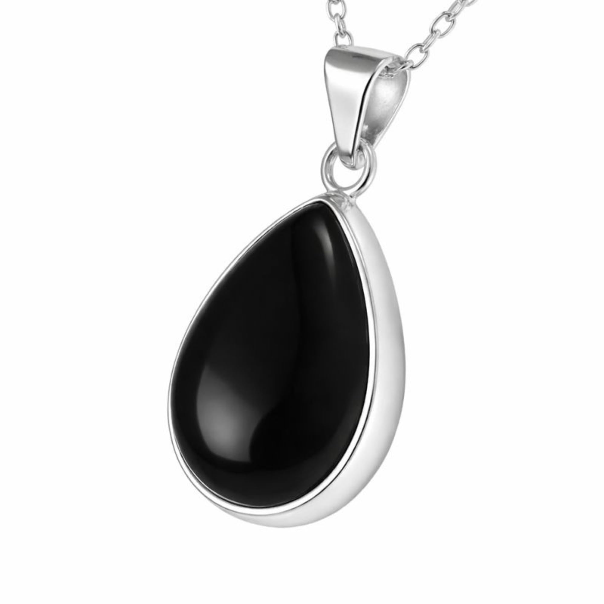 Handgefertigtes Sterling Silber 925 Schwarzer Onyx Tropfenförmiger Anhänger 18x25mm Halskette mit 45+5cm Kette