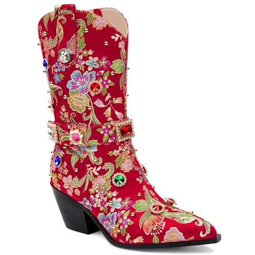 Image of LOCERICH Women Rhinestone Cowboy Sparkly Cowgirl Boots Diamond Western Floral Embroidery Mid Calf Booties