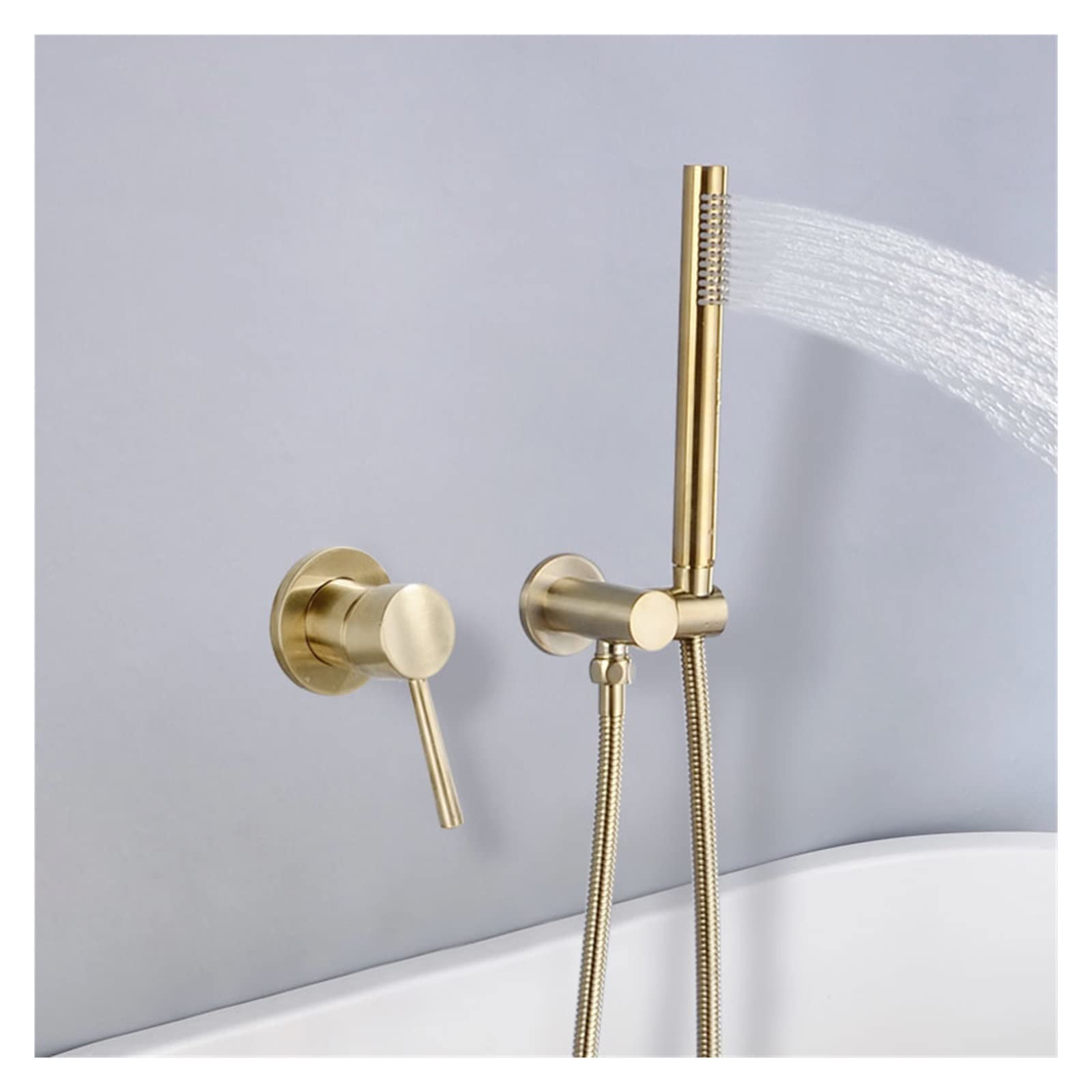 Pommeau de douche à main rond laiton or brossé avec kit support mural réglable complet