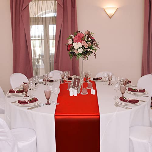 Image of 12 Pack 12x108 Inch Satin Table Runner and 84 Inch Round Plastic Tablecloths Set Red and White Disposable Round Table Cover for Graduation Wedding Bridal Shower Anniversary Birthday Party Decorations