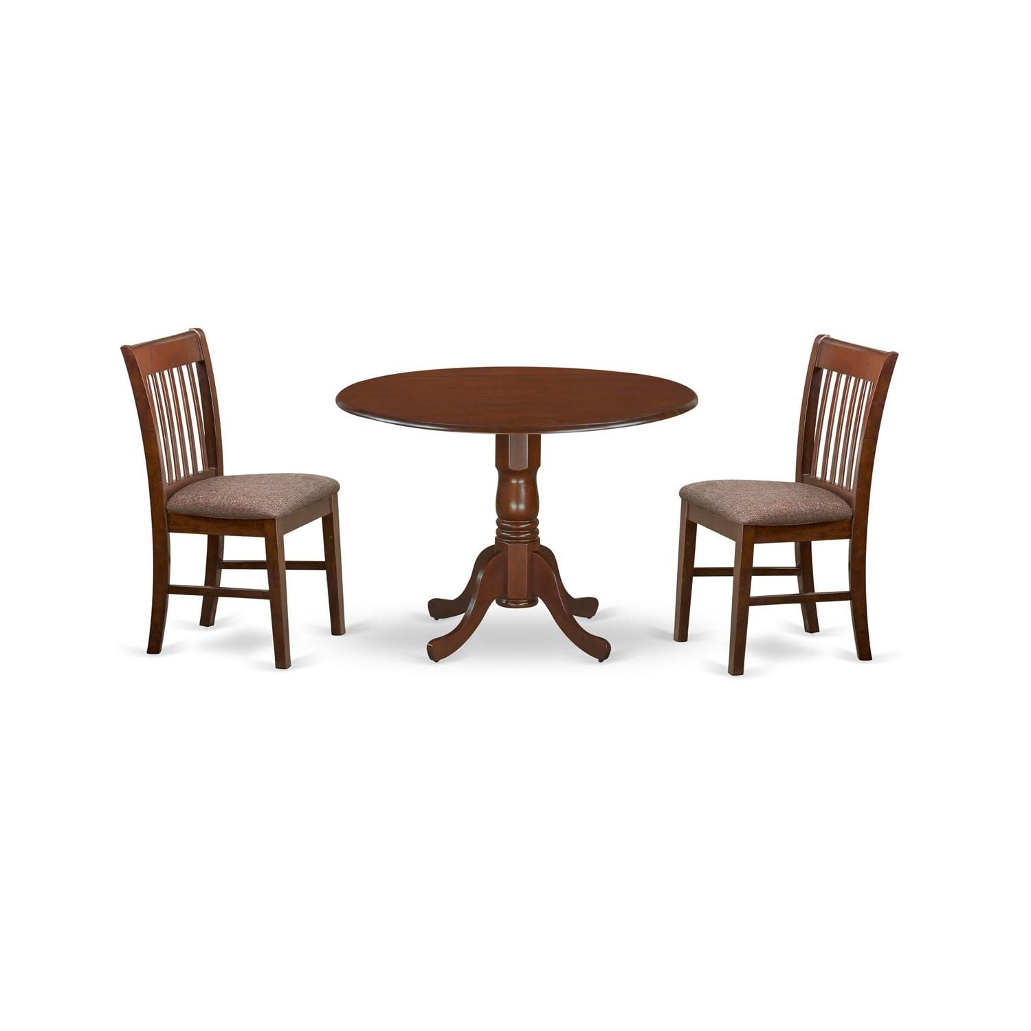 DLNO3-MAH-C 3 Piece Kitchen Table & Chairs Set Contains a Round Dining Room Table with Dropleaf and 2 Linen Fabric Upholstered Dining Chairs, 42x42 Inch, Mahogany