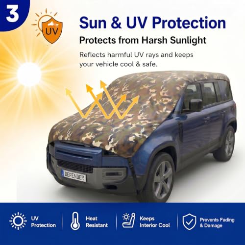 Image of Pivalo Half Car Body Cover for SUV Cars (All Models & Years) | 100% Waterproof Outdoor UV & Heat All Weather Protection | Triple Stitched 3 Layer with Adjustable Straps Cover (Military /Army)