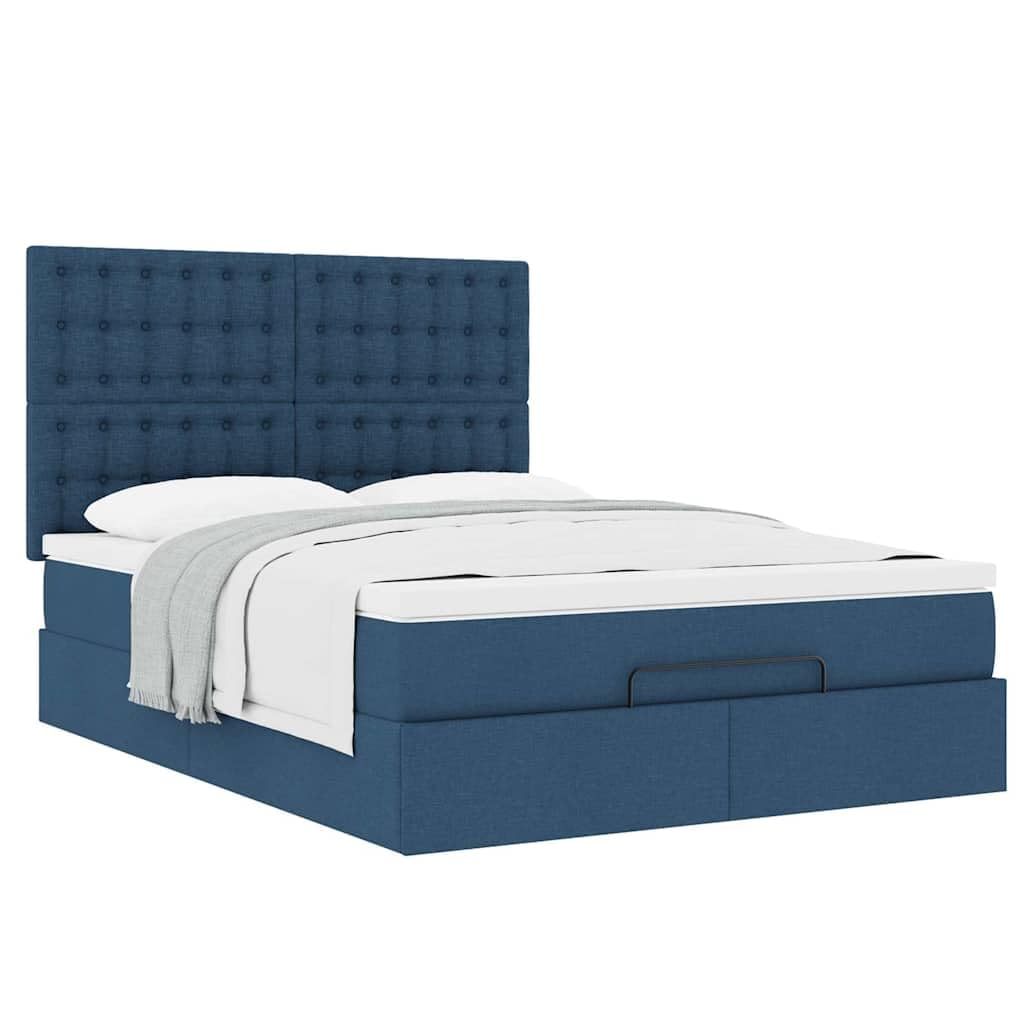 Pouf letto portaoggetti blu 140 x 190 cm con materasso e cuscino, traspirante, meccanismo di sollevamento idraulico, design moderno per camera da letto e sala ospiti