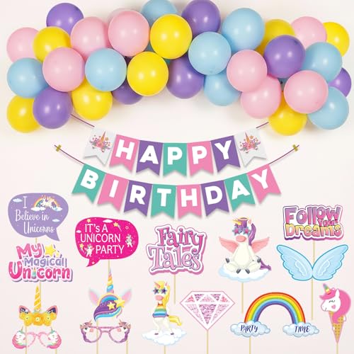 Image of Party Propz Unicorn Theme Birthday Decoration Kit -57 Pcs ,Happy Birthday Banner, Multicolor Balloons for Birthday Events, Unicorn Photo Props & Glue Sheet ,Decoration Kit for Girls (Cardstock)