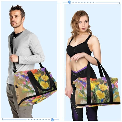 Retro Flowers with Color Oil Painting Feel Travel Duffel Bag Shoulder Weekender Overnight Bag with Toiletry Bag for Trekking Waterproof 6
