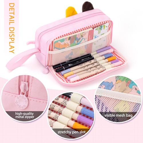 Image of CICIMELON Cartoon Pencil Case, Large Capacity Pen Pouch with Embroidered Animal Design, School Supplies Bag for Kids, Teens, Students (Pink Kitty)