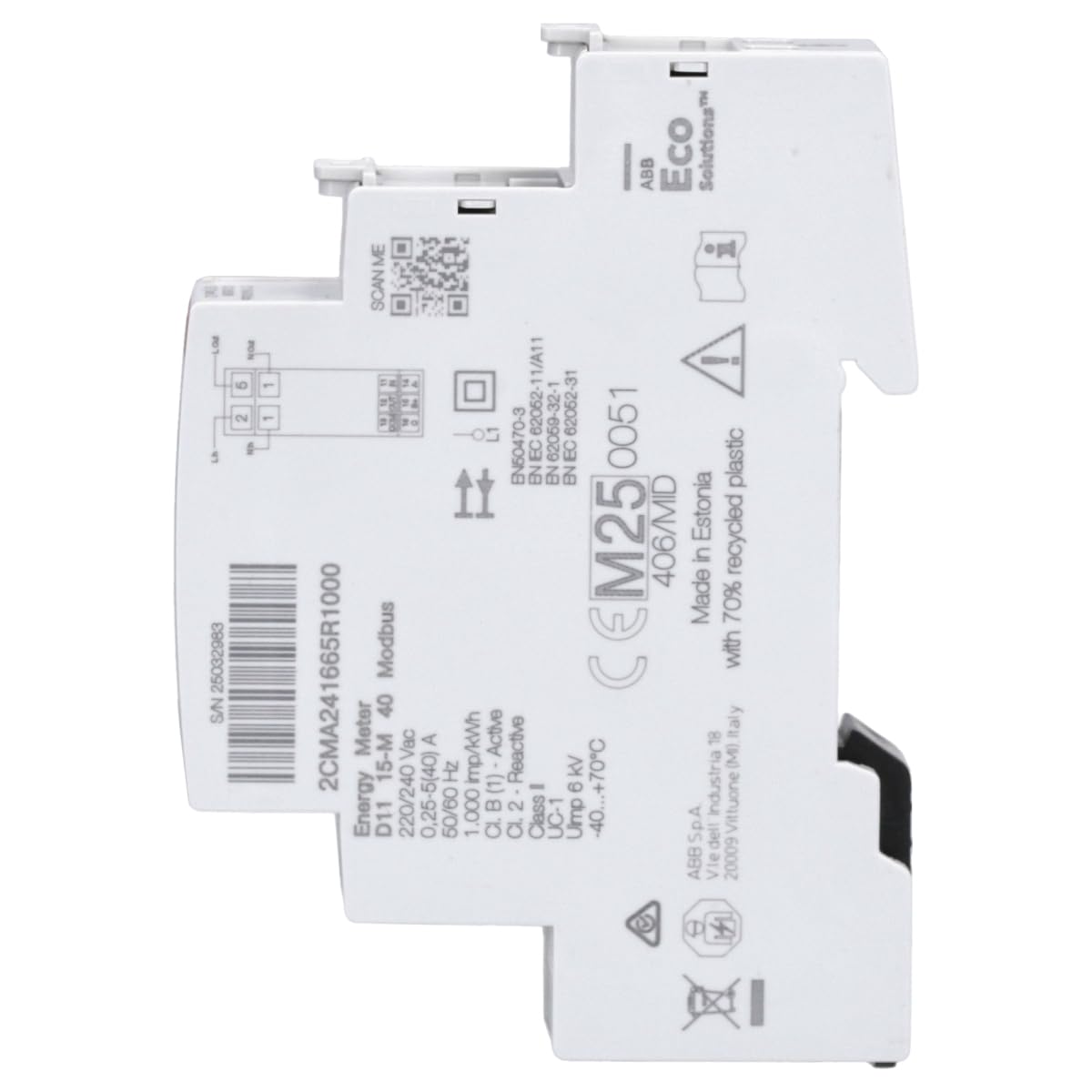 ABB D11 15-M 40 - Contador de corriente alterna (40 A, MID 1DO+1DI) | Contador monofásico para carril DIN, interfaz Modbus, 230 V, medidor de consumo de energía 2CMA241645R1000