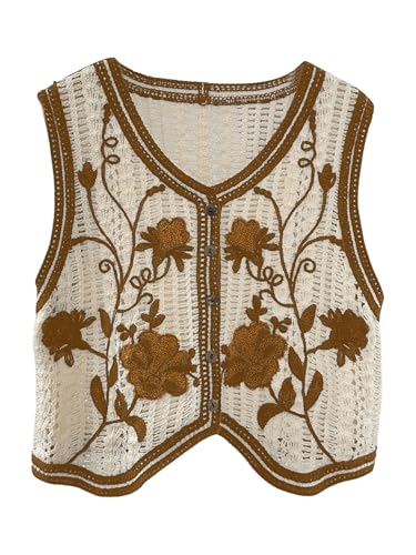 Image of GORGLITTER Women's Embroidered Floral Crochet Vest Button Crop Summer Cowgirl Western Top Rodeo Country Concert Outfits