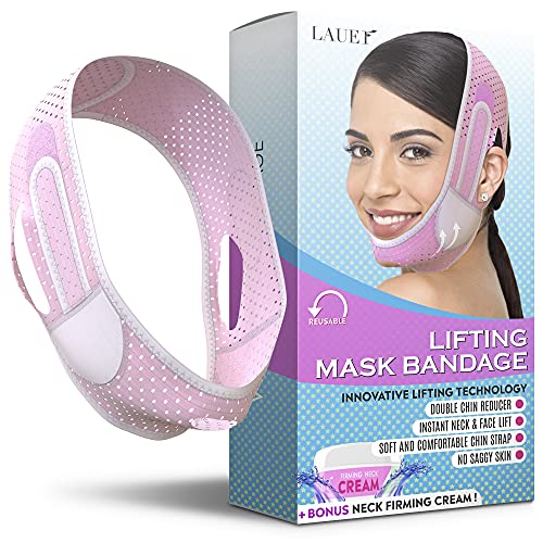 Double Chin Reducer Chin Strap Face Mask Reusable V Shaped Slimming Face Mask & Neck Firming Cream V Line Lifting Mask Chin Up Patch (Pink)