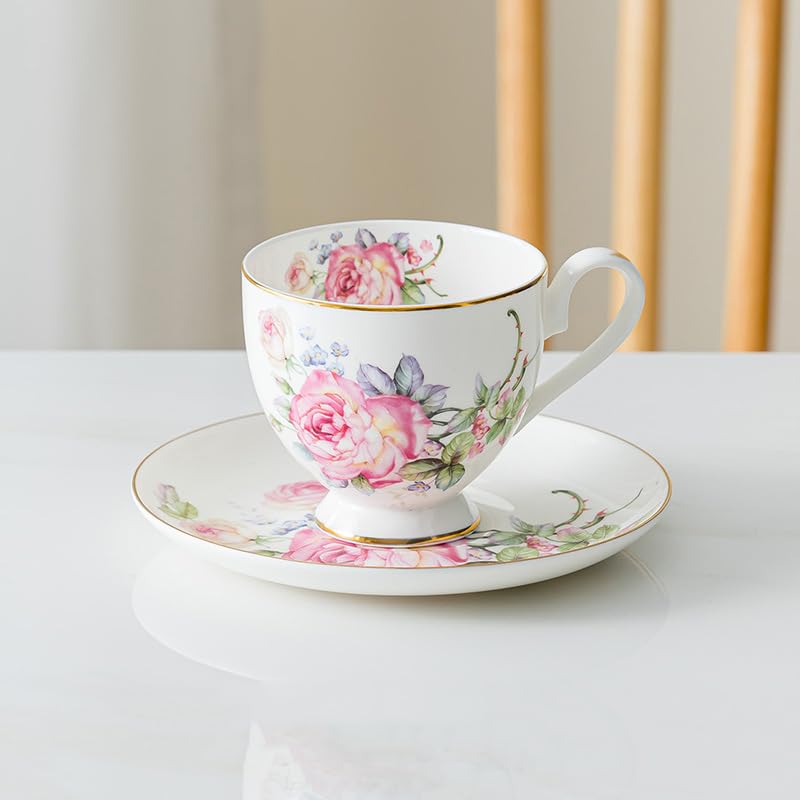 Set di tazze e piattini da caffè e tè in ceramica con fiori di rosa set di tazze da caffè e piattini in ceramica piatto per tazza da latte e succo regalo di compleanno per ufficio e casa