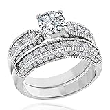 FlameReflection Vintage Style Stainless Steel Cubic Zirconia Bridal Wedding Ring Set Engagement Band