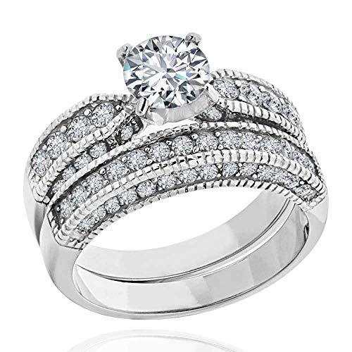 Flamereflection Vintage Style Stainless Steel Cubic Zirconia Bridal Wedding Ring Set Engagement Band Size 5-10 #TOP18