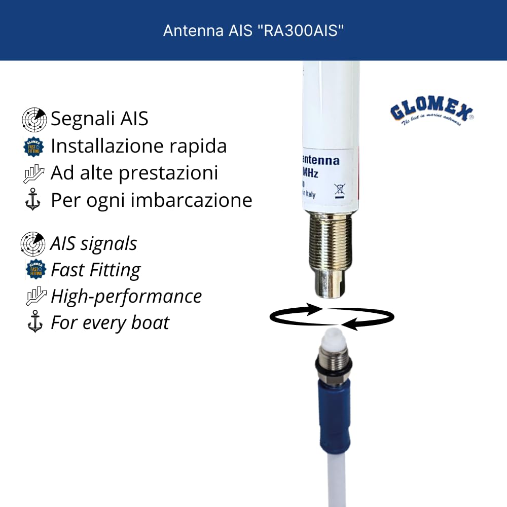 Glomex – Antenne AIS Glomeasy 1,2m (Néro), modèle RA300AIS/BK – Installation rapide FME, gain 3dB, pour voiliers, moteur, bateaux pneumatiques, yachts – Sécurité AIS et style moderne