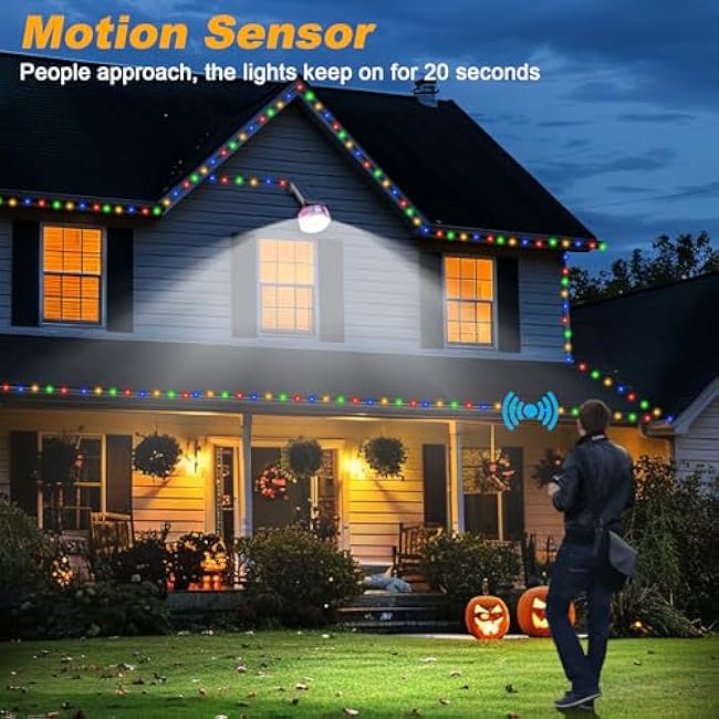 KERNOWO Solar Lights with String Lights Outdoor Waterproof, LED Solar Powered Wall Light, Outdoor Motion Sensor Flood Lights for Balconies, Fences, Gardens, Yards and Outside Decks£¨1-Pack, Black£©