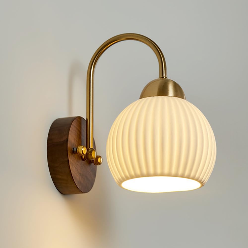 SXECAEPS White Ceramic Wall Lamp Vintage Wood Sconce Lighting Hardwired Light Retro Sconces E27 Mounted Lamps for Living Room Bedroom Bedside Home Decor Lights