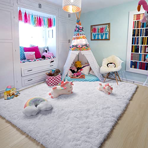 Bstluv Fluffy White Rugs For Bedroom,5X8 Rug,Shag Area Rug For Living Room,Cute Furry Throw Rug For Girls,Kids Room Decor,Shaggy Fuzzy Rug For Nursery,Plush Soft Carpet For Baby,Rectangle Gamer Rug #TOP4