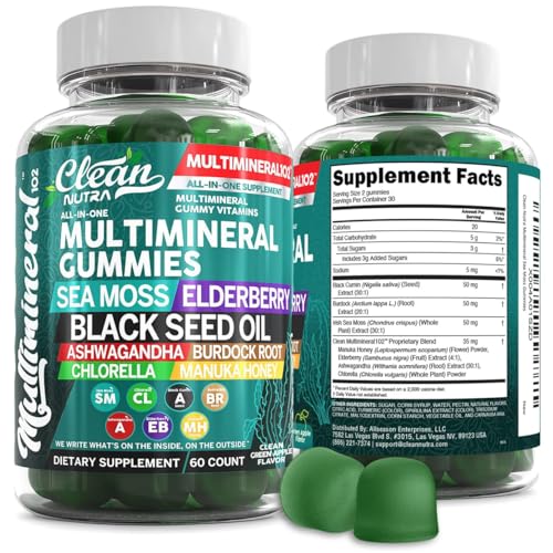 Sea Moss Gummies | Clinically Tested - Black Seed Oil Ashwagandha Elderberry Burdock Root Chlorella Manuka Honey - Vegan Irish Sea Moss Gummy Vitamins for Adults Kids Men Women - Green Apple Flavor