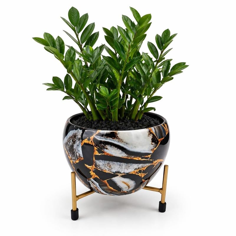 Image of Metal Flower Vase Planter with Iron Stand | Black Marble Print Decorative Indoor Plant Pot for Home Decor | Ideal for Succulents & Small Plants | 6x6x6 Inches | Sunlit Symphony Design