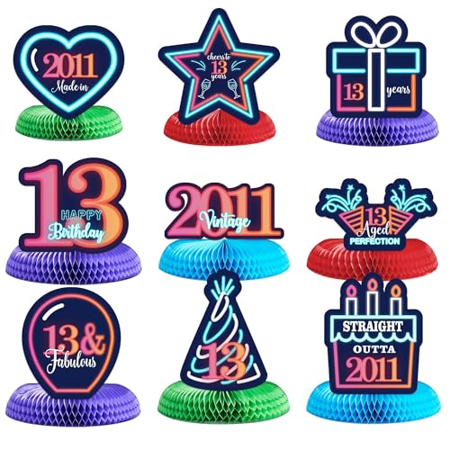 Happy 13th Birthday Disco Neon Glow Theme Table Honeycomb Centerpieces Decor Table Decorations Table Toppers for Let’s Glow Crazy Party Boys Girls 13 Years Old Birthday Party Bday Supplies Background