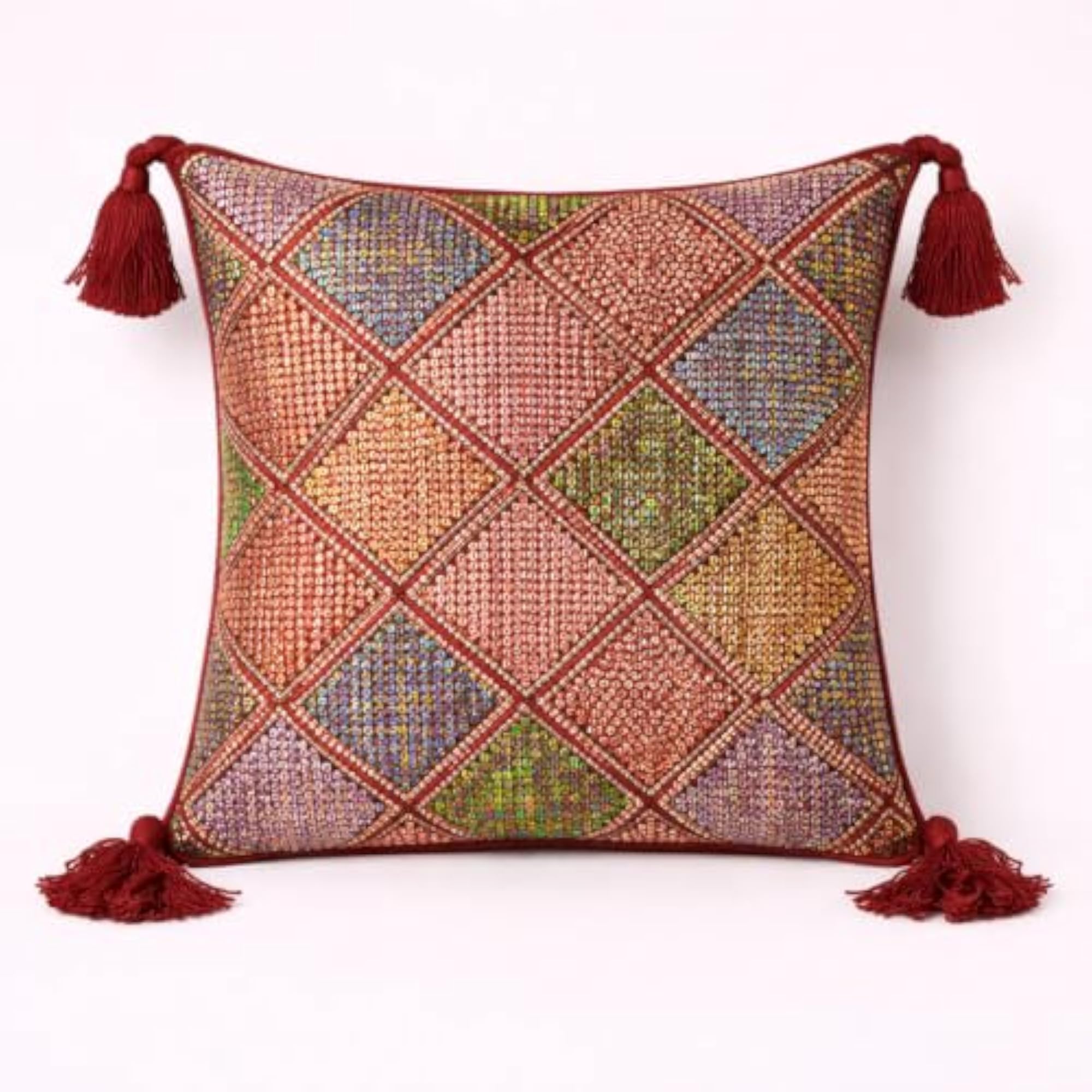 Handcrafted Maroon Cushion Cover 12x12 Inch, Diamond Patchwork